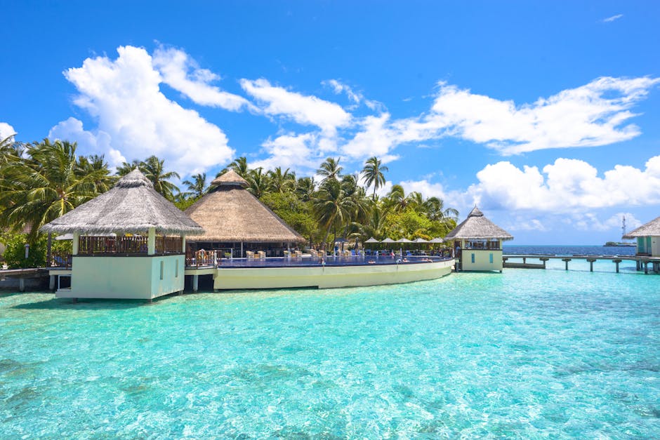 Stunning view of a tropical resort in the Maldives with clear turquoise waters and lush palm trees.