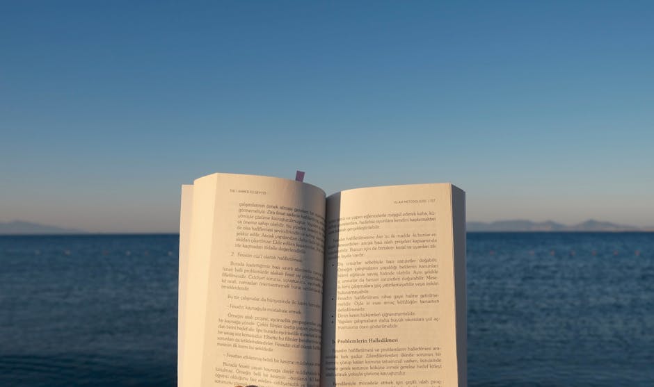 An open book is held by the ocean under the calming sunset sky.